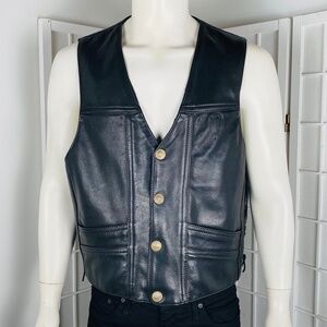 Vintage US Made Co.Harley Davidson Mens Leather Vest w/Buffalo Coin Buttons, XL.